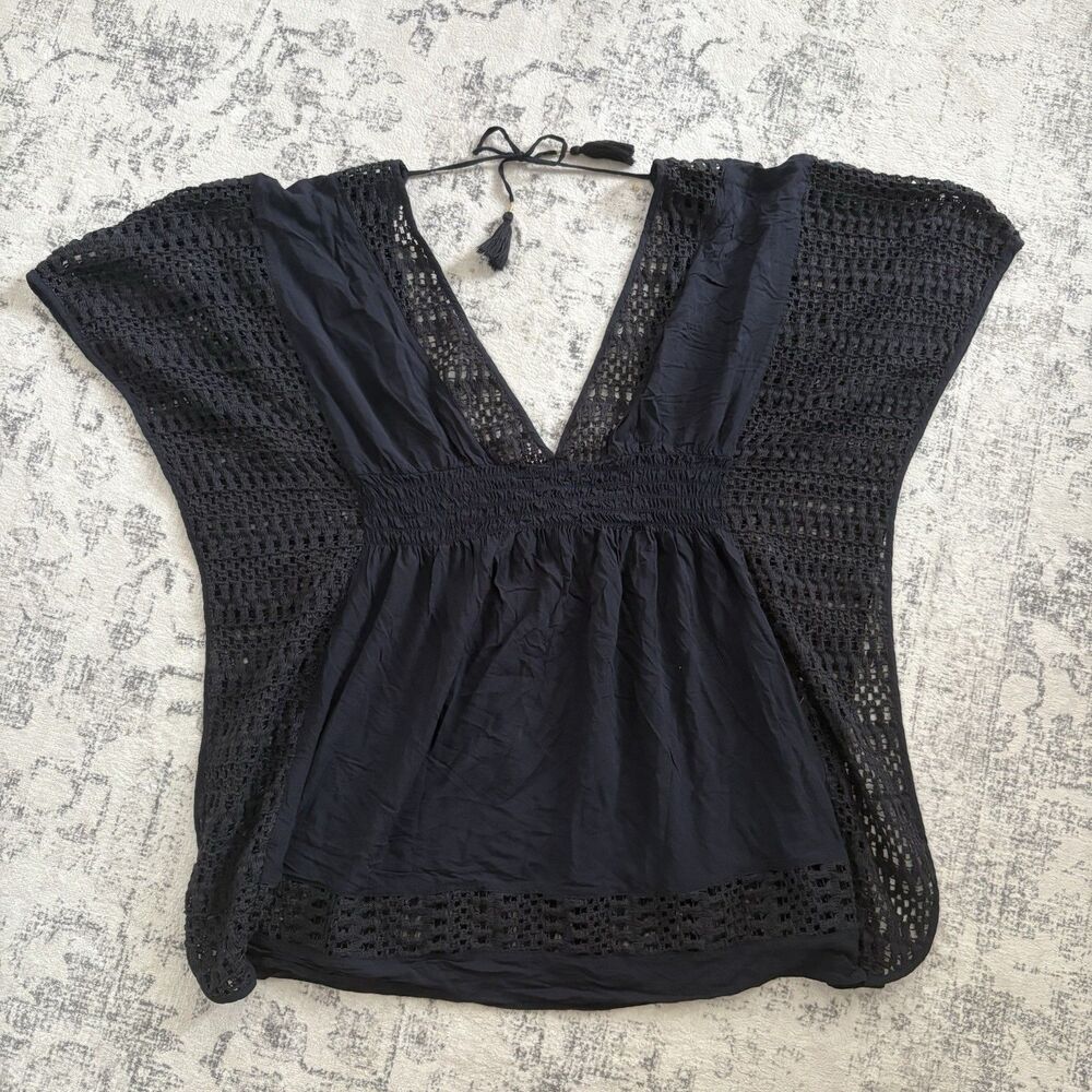 Abercrombie & Fitch Y2K Black Crochet Kaftan Top Size M/L Peasant Boho V-neck
